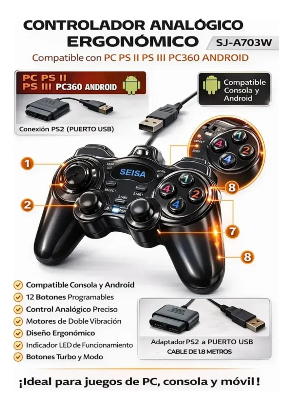 MANDO JOYSTICK SEISA PC PS II PS III PC360 ANDROID SJA703W